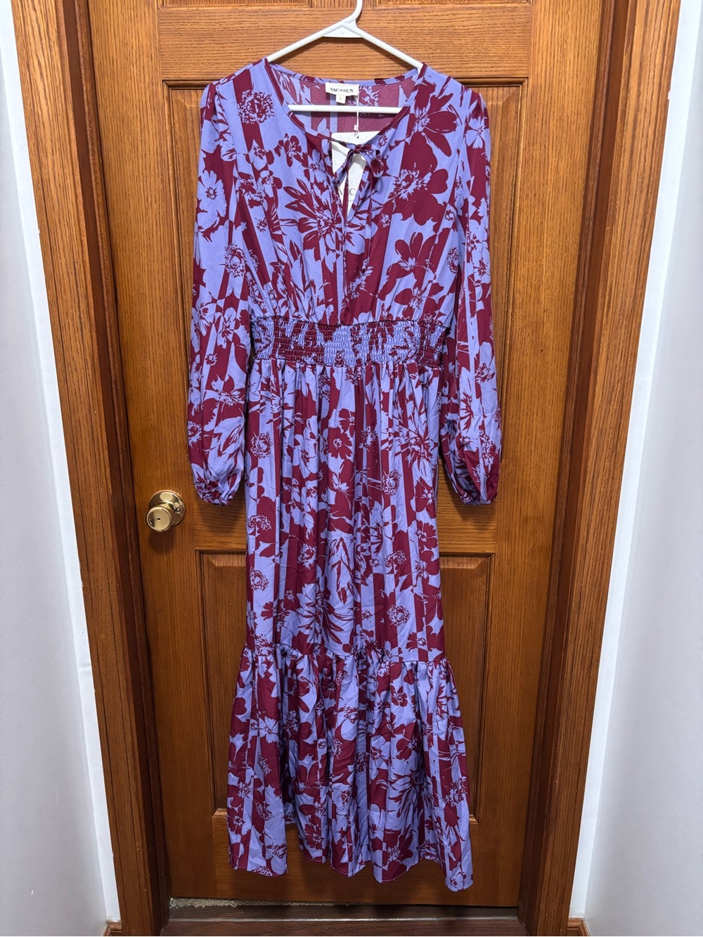 Floral Tie-Neck Maxi Dress in Maroon and Blue. Sz Lg. NWT